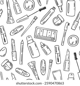 Pattern with Hand-drawn cosmetics. Seamless texture with line illustrations of beauty products. Vector doodle design elements on white background