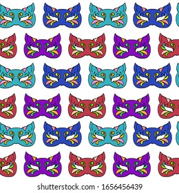 Pattern of hand-drawn Doodle cat masks.   Mardi Gras festival, masquerade. Isolated on a white background. For a design element.