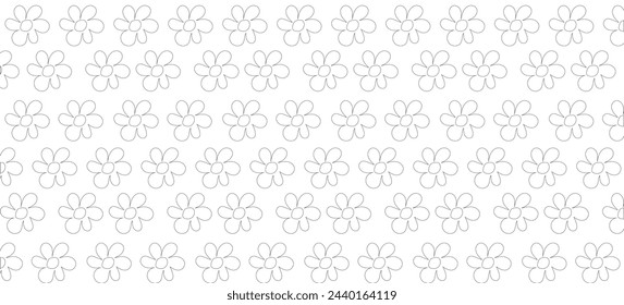 Pattern with hand-drawn doodles of black and white daisies on a white background, outline of a flower.