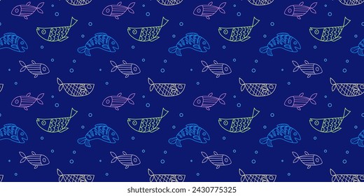 Pattern of Hand-Drawn Fish Illustrations on a Deep Blue Background
