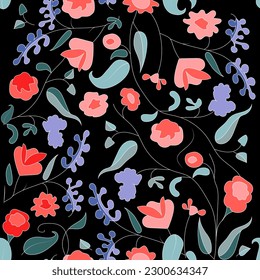 Pattern of hand-drawn flowers, ornament, colorful on a black background, print, vector. Pattern for fabric, wallpapers and invitations.