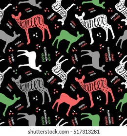 Pattern Hand-drawn lettering with deer Winter. Christmas deer on black background. Beautiful design for the postcard. Hand written word winter.