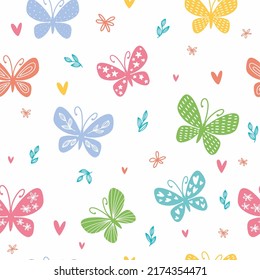 A pattern with hand-drawn multicolored butterflies