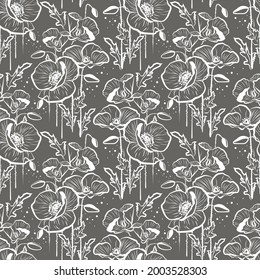 Pattern of hand-drawn poppies, vector sketches of flowers on a background, seamless floral pattern, flowers with a line, monochrome drawing