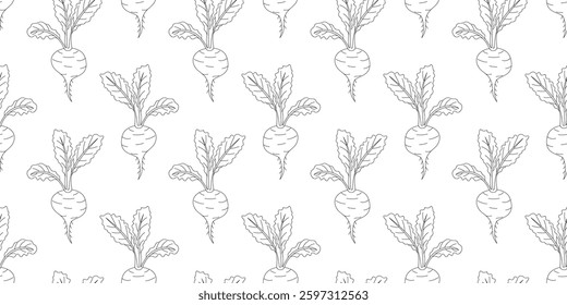 Pattern of hand-drawn radishes with green leaves on a white background for decorative use in art and design projects