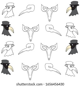 A pattern of hand-drawn scribble masks of the plague doctor.   Mardi Gras festival, masquerade. Isolated on a white background. For a design element.