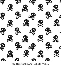 A pattern from a hand-drawn sketch of an astrakhan skull with crossed bones, black elements on a white background. The theme of the Wednesday is a pattern on a dress for black