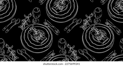 A pattern with a hand-drawn sketch of a dinner service for a wedding ceremony. Preparation for the wedding ceremony. Plates, champagne glasses, knife, spoon, fork, napkin, wine glass. Print background