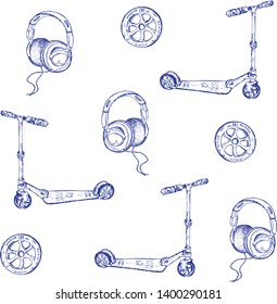 Pattern of hand-drawn sketch of retro scooter. Ink pen set of scooter,wheel and headphones. Vector illustration for vintage cards or backgrounds.