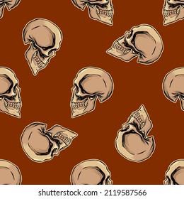 Pattern of hand-drawn skulls on a terracotta background for print and decoration. Vector illustration.