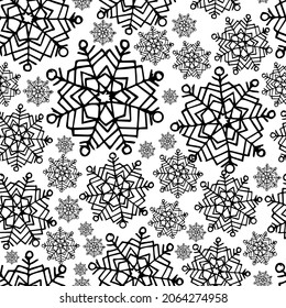 A pattern of hand-drawn snowflakes with a white background. Vector illustration with doodles. An element for greeting cards, posters, stickers and seasonal design.