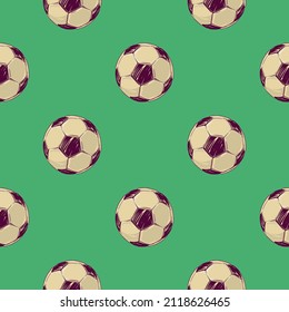Pattern of hand-drawn soccer balls on a green background for printing and design.Vector illustration.