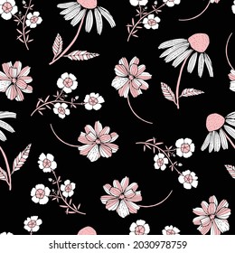 Pattern with hand-drawn summer flowers on a black background.