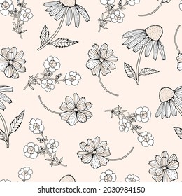 Pattern with hand-drawn summer flowers on a cream background. Vintage-looking model