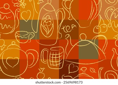 Pattern with hand-drawn teapots, cups. Tea party elements. Warm brown background colors and light yellow drawing lines. Seamless pattern. Vector