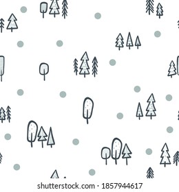 Pattern with hand-drawn trees. Illustration in a Scandinavian, minimalistic style. For backgrounds, packaging, textile and various other designs.