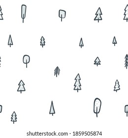 Pattern with hand-drawn trees. Illustration in a Scandinavian, minimalistic style. For backgrounds, packaging, textile and various other designs.