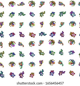 A pattern of hand-drawn Venetian Doodle masks. Cat masks, Plague Doctor, harlequin. Mardi Gras festival, masquerade. Isolated on a white background. For design element.