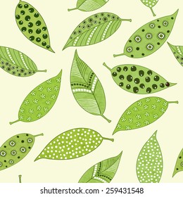  Pattern with handmade painted beautiful seamless green leaves