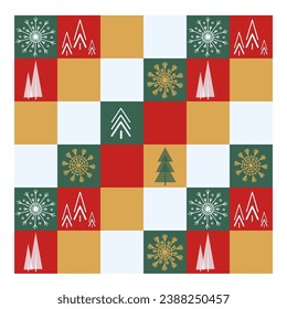 Muster von handgefertigten Schneeflocken und abstrakten Weihnachtsbäumen. Winterhintergrund, Weihnachtsbäume und Schneeflocken, nahtloses Muster, Vektordesign