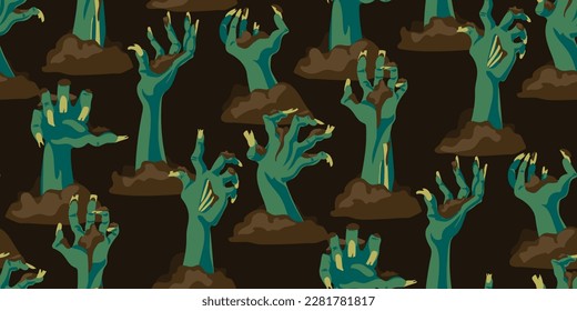 A pattern from the hands of a dead man bursting out of the ground. It is well suited for Halloween-style decoration of paper and textile products. Scary hands on a brown background