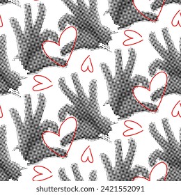 Pattern of hands folded in the shape of a heart, in the style of grunge pop art for Valentine's Day. Repeating hands, heart-shaped fingers for printing on a gift box for a loved one. A declaration