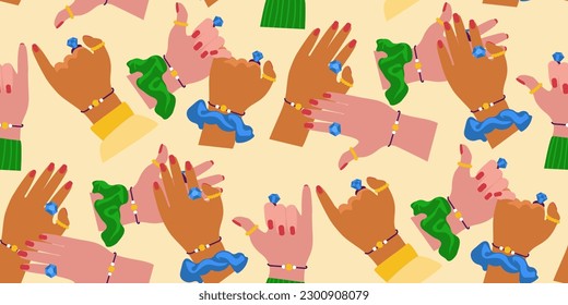 A pattern from the hands of friends with the same costume jewelry as a symbol of eternal friendship. Hands of support promises hand games love greetings. Printing on textiles and paper. Gift wrapping