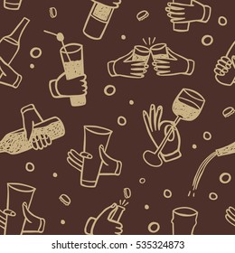 Pattern with  hands holding drinks and bottles. Including alcohol and cocktails title. Hand drawn brush vector seamless background for your design.