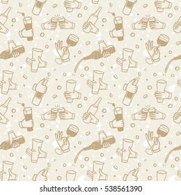 Pattern with  hands holding drinks and bottles. Including splash texture. Hand drawn brush vector seamless background for your design.