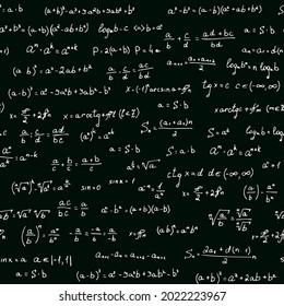 Pattern of handwritten mathematical formulas. Green background like a blackboard. Can be used for backgrounds, wallpapers, create patterns or compositions, or decorate printed matter. Vector