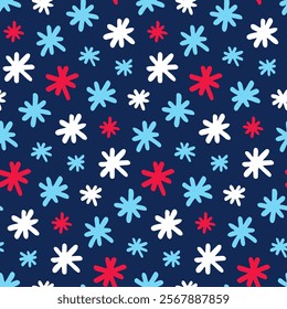 Pattern with handwritten snowflakes. Snow flakes on dark blue background. Seamless texture for design of cute winter products, seasonal children's fabrics, holiday covers. Abstract print of snowfall.