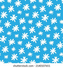 Pattern with handwritten snowflakes. White snow flakes on blue background. Seamless texture for design of cute winter products, seasonal children's fabrics, holiday covers. Abstract print of snowfall.