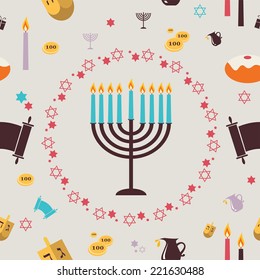 pattern with Hanukkah symbols. Greeting card. illustration