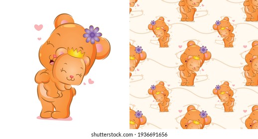 The pattern of happy bear is standing with flower on head carrying a baby of illustration