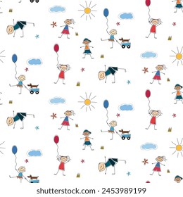 Pattern Happy children jumping together. Cheerful jumping children. The child's drawing is colored with felt-tip pens. Hand drawn vector illustration