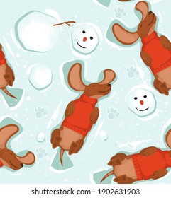 Pattern happy dog dachshund and snowman lies in the snow, top view. Christmas card for invitations, congratulations, wrapping paper and fabrics. Cute Christmas characters for festive decoration