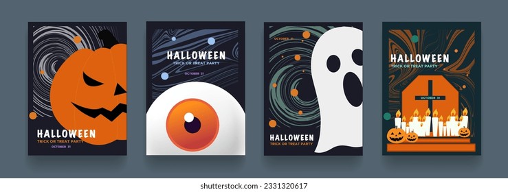 Pattern Happy Halloween. Abstract set with pumpkin, eye, ghost, candles in paper cut style. Spooky template for banner, poster, cover, flyer.  Vector illustration for party festival.