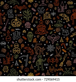 Pattern Happy Halloween with different outline colored elements, objects, symbols and items. Doodle hand drawn style creative vector design. Vector illustration art.