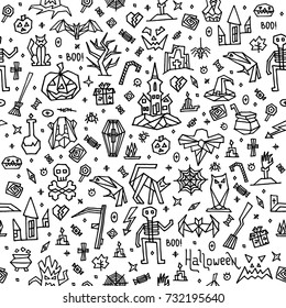 Pattern Happy Halloween on white background. Halloween pattern with outline elements, objects, symbols and items. Doodle black and white hand drawn style creative vector design.