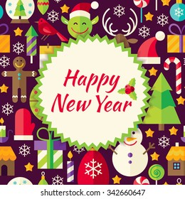 Pattern Happy New Year Background. Flat Style Vector Illustration for Merry Christmas Promotion Template. Colorful Winter Holiday Objects for Advertising.