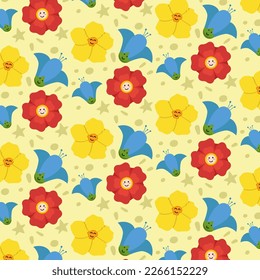 Pattern With Happy Smile Flowers With Faces Background Colorful Vector Illustration In Flat Style