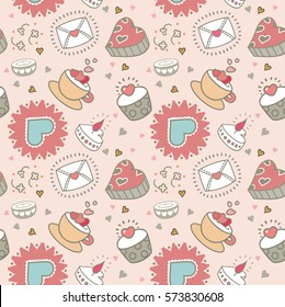 Pattern "Happy Valentine's Day" with hearts, candles and cups made in vector graphics on pink background