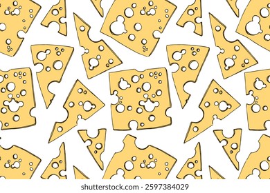 Pattern of hard yellow cheese with holes in doodle style hand drawn. Elements for restaurant menu, poster