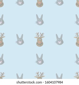 Pattern of a hare and deer head in Christmas style on a blue background