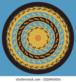 A pattern with a hare and a wolf in a circle on a blue background