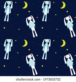 Pattern with hares. Sleepy hares with pillows and sleep masks. Night moon and stars. Vector illustration