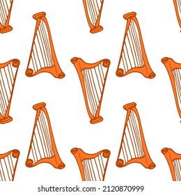 el patrón del arpa es naranja.  patrón sin fisuras de un viejo instrumento musical de cuerda arpa naranja en el estilo de los garabatos, en blanco para una plantilla de diseño