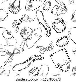 pattern of hats and accessories on white background