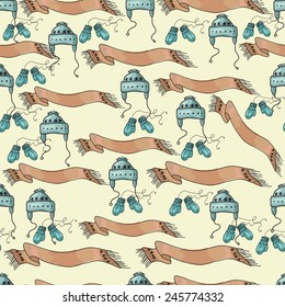 pattern with hats and scarves on a yellow background. vector