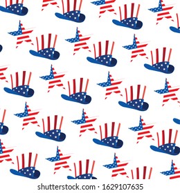 pattern of hats and stars in american flag colors on white background vector illustration design